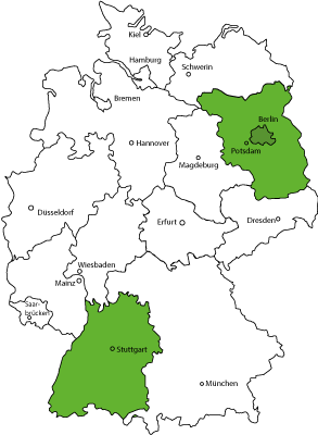 Deutschlandkarte: Baden-Württemberg und Berlin-Brandenburg hervorgehoben